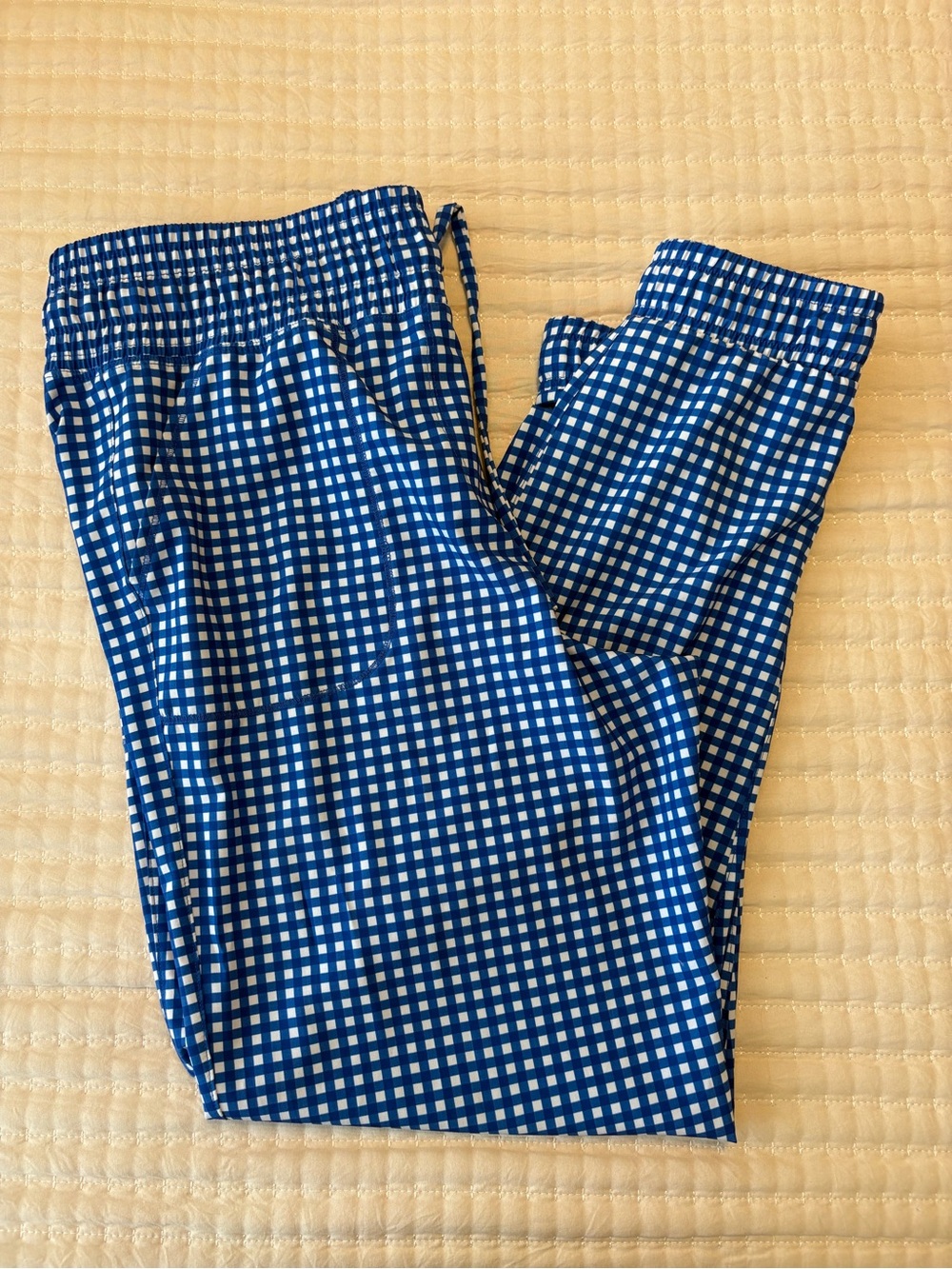 Blue Gingham Elastic Waist Joggers for Women